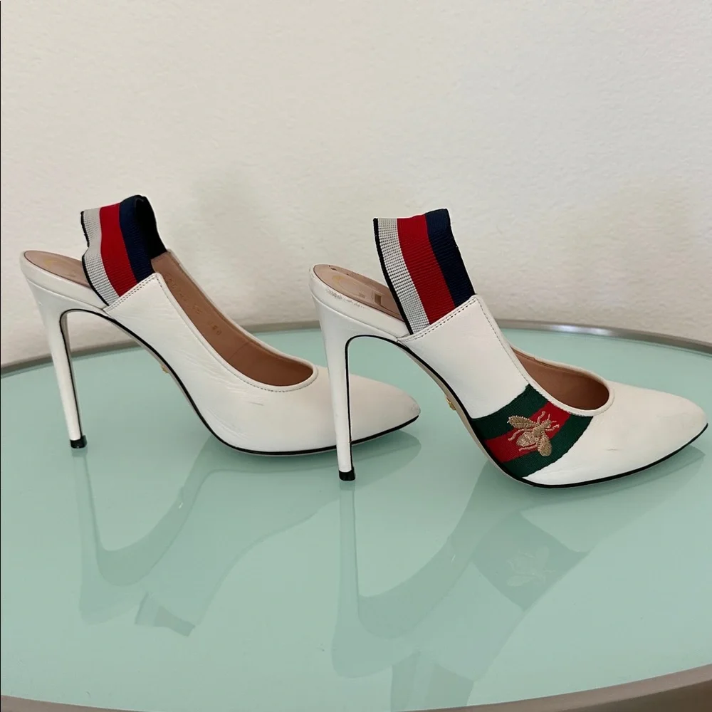 Gucci White Leather Sylvia Elastic Slingback Heels  Box & Two Dust Bags